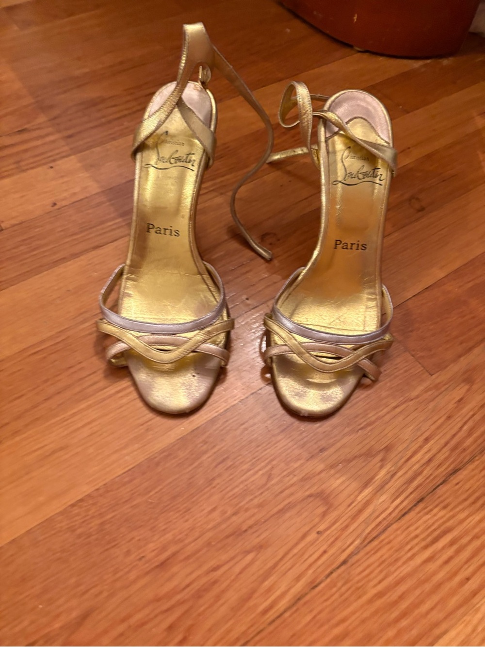Christian Louboutin Metallic Gold Strappy Ankle-Tie Heels